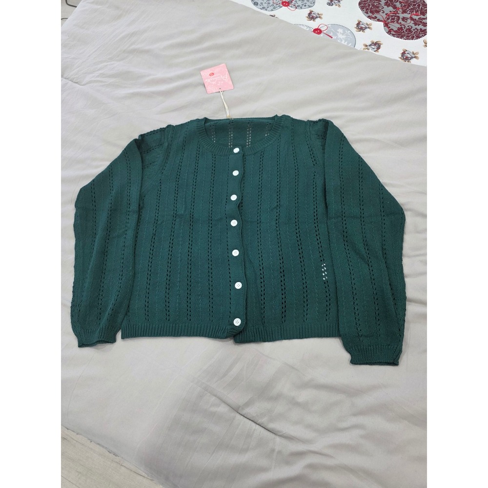 Green Pointelle Knit Cardigan Button Up‎ Sweater Cottagecore Top